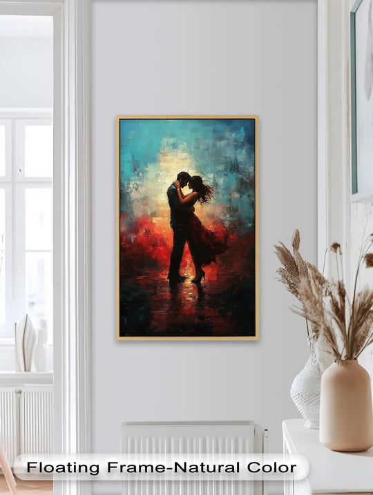 The stillness of the moment is captured in this modern oil painting home decor showcasing a romantic couple in a fiery twilight embrace.