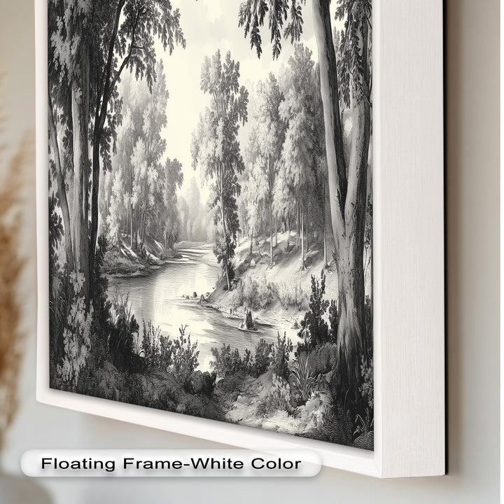 Zeitloser Waldfluss – Monochromes Landschaftsölgemälde