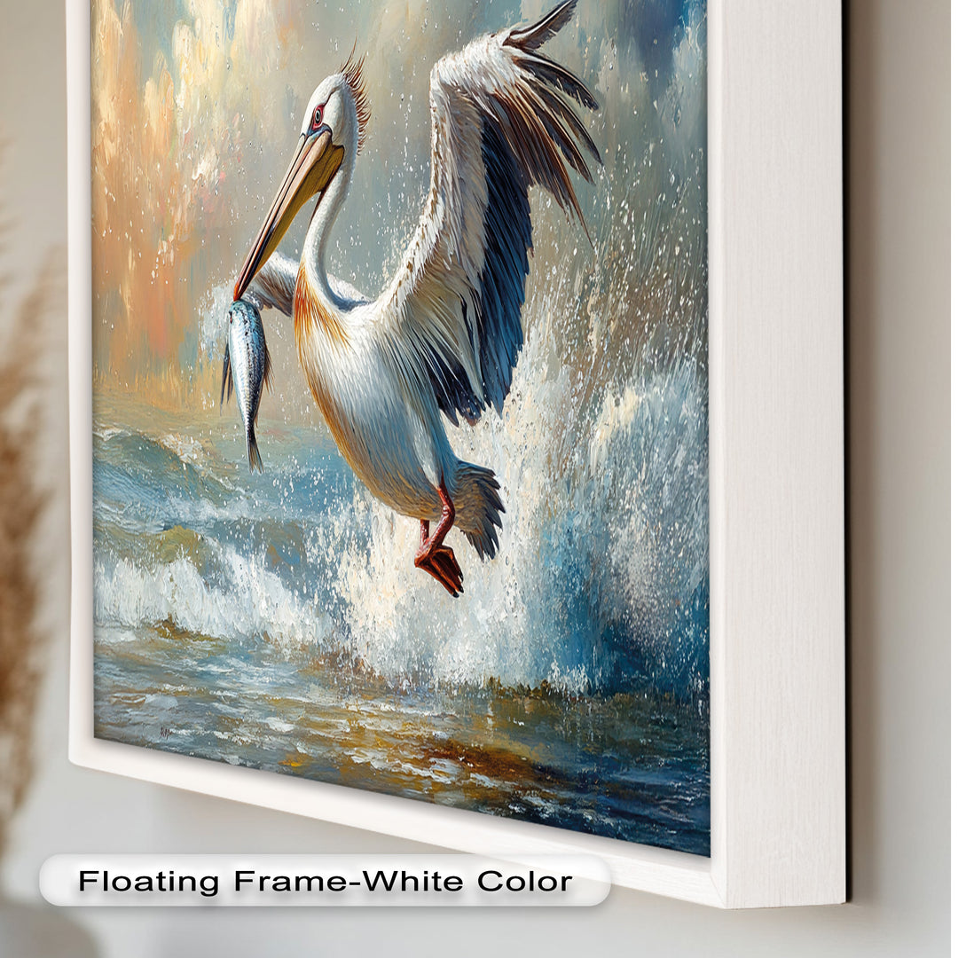 Pelican Catching Fish in Ocean Surf – Animal Oil Painting