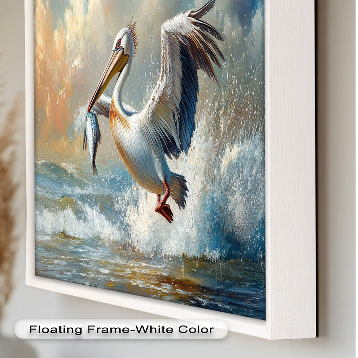 Pelican Catching Fish in Ocean Surf – Animal Oil Painting