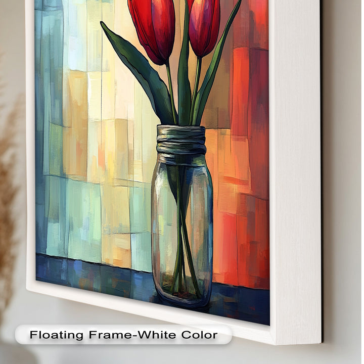 Red and Orange Tulips in Glass Vase – Bold Floral Oil Painting