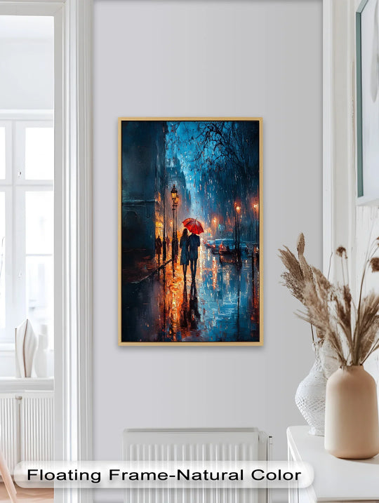 Warm oranges transition to cool blues in this Lovers in the Rain oil painting, showcasing how light reflects in a romantic night street scene with oil painting art prints.