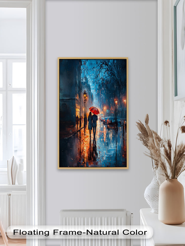 Lovers in the Rain – Romantic Night Street Oil Painting