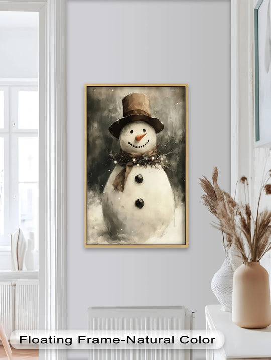 Exceptional material quality highlights the brushstrokes and textures of this 'Frosty Cheer' snowman in a winter wonderland oil painting artwork, creating a joyful, seasonal scene.