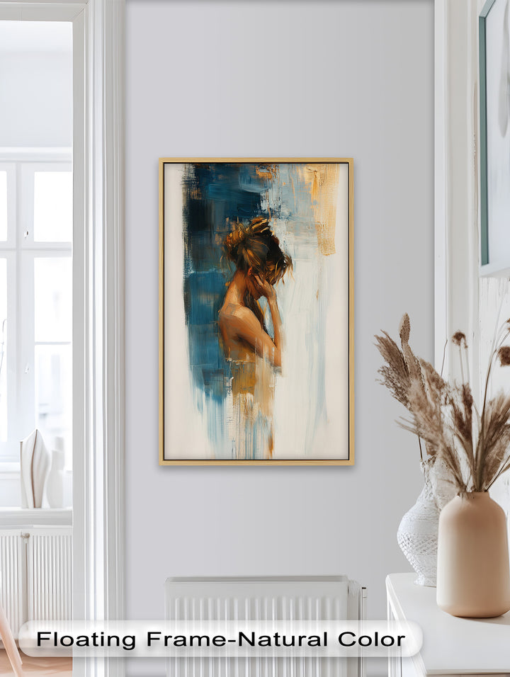 Veil of Thought – Introspective Woman in Blue and Gold Abstract Oil Painting