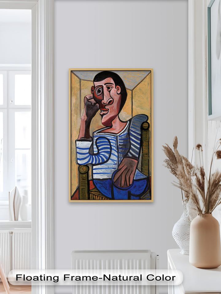 Melancholy in Stripes – Seated Man with Blue Shirt Picasso Oil Painting