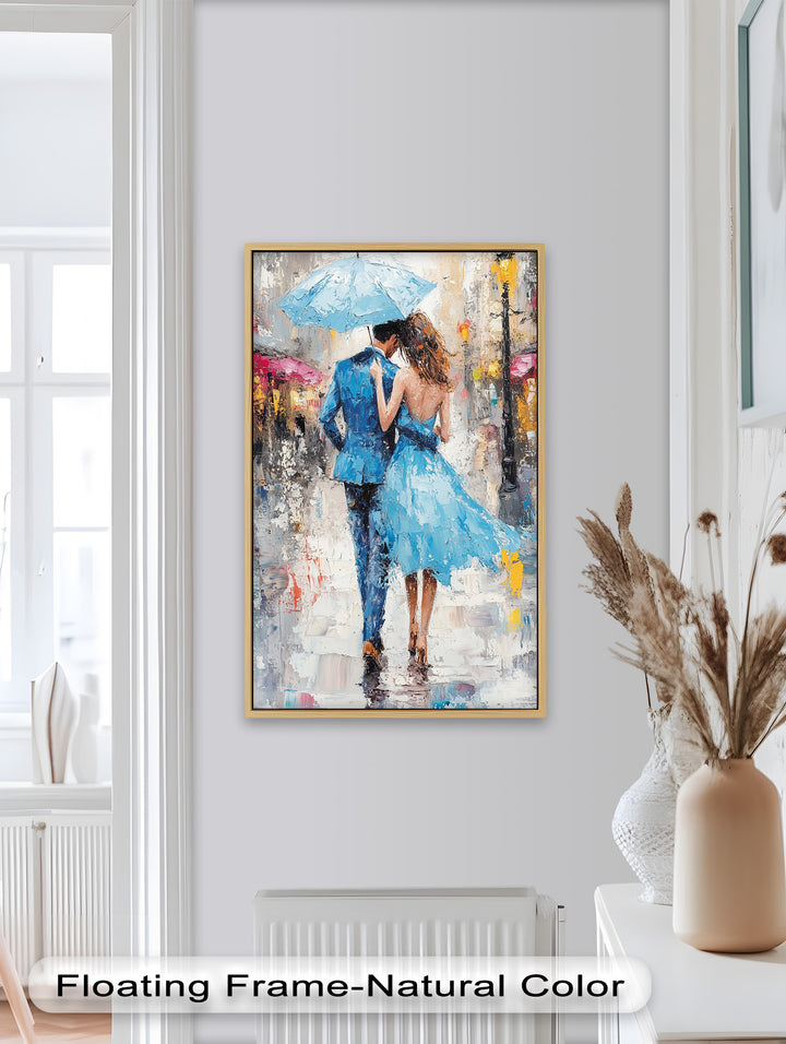 Romantic Couple Strolling in Rain - Love Oil Painting