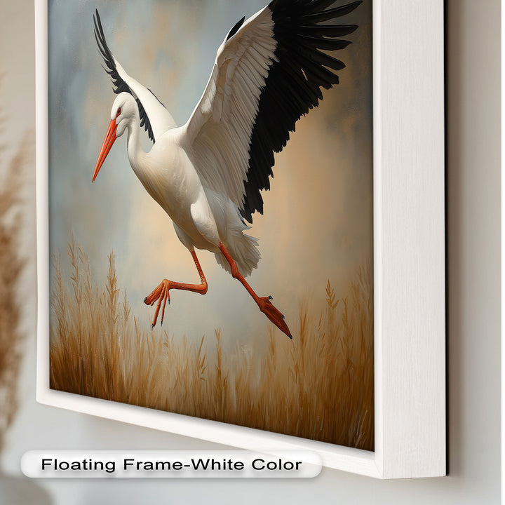 Stork in Flight over Golden Grasses – Animal Oil Painting