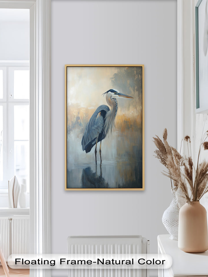 Heron in Misty Marshland - Framed Oil Painting
