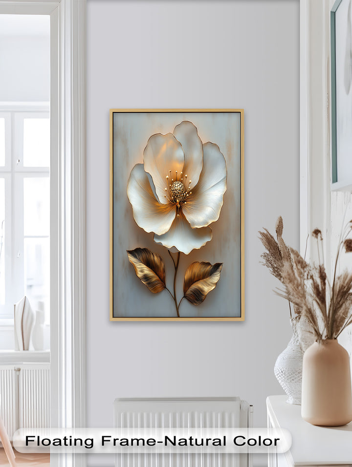 Golden Glow Bloom – White and Gold Flower Oil Painting