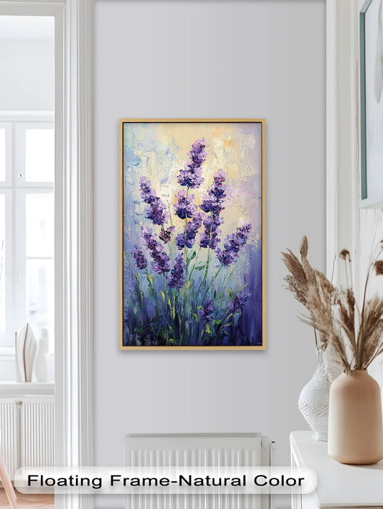 The elegant gold frame enhances this impressionist lavender stalks oil painting art piece, adding a subtle border that beautifully complements the textured floral artwork.