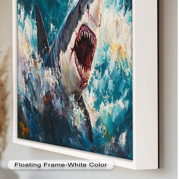 Ferocious Shark Emerging from Turbulent Waters – Animal Oil Painting