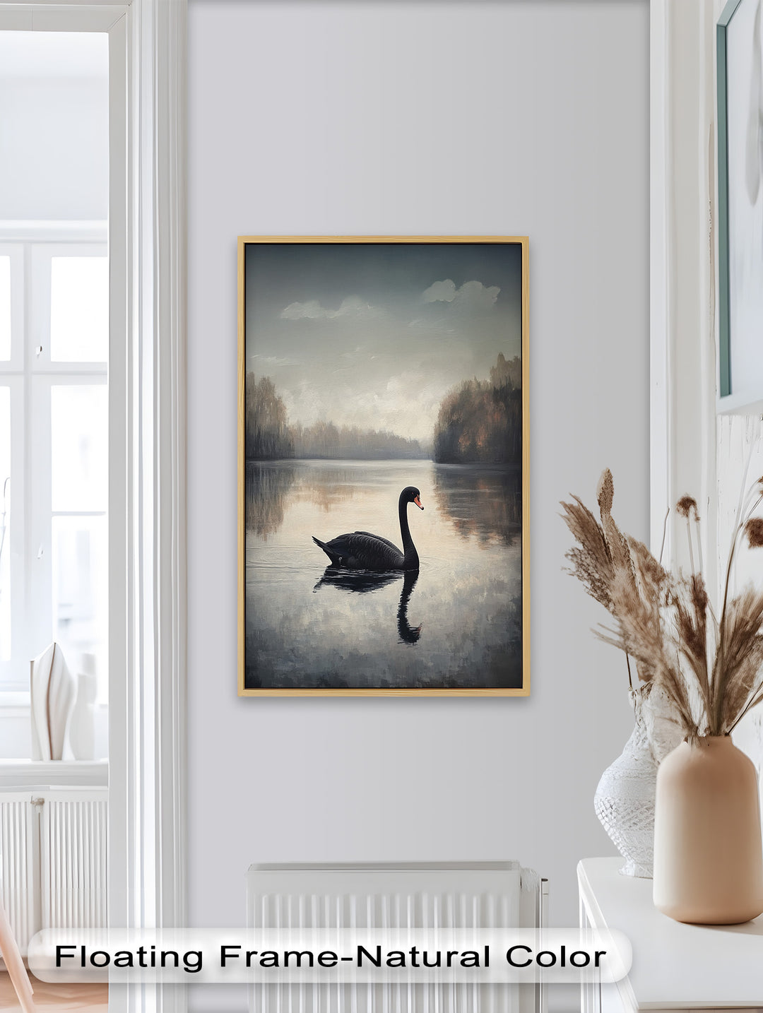 Black Swan at Dusk – Lake Scene Oil Painting