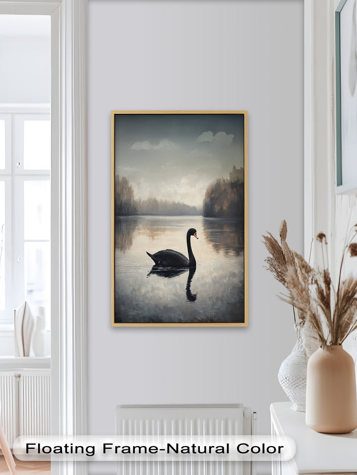 Black Swan at Dusk – Lake Scene Oil Painting