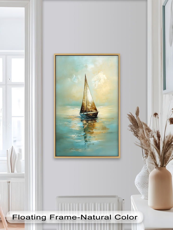 Golden Drift – Ruhiges Segelboot bei Sonnenaufgang, Boot-Ölgemälde