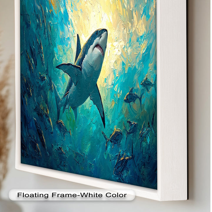 Great White Shark in Sunlit Ocean Depths – Animal Oil Painting