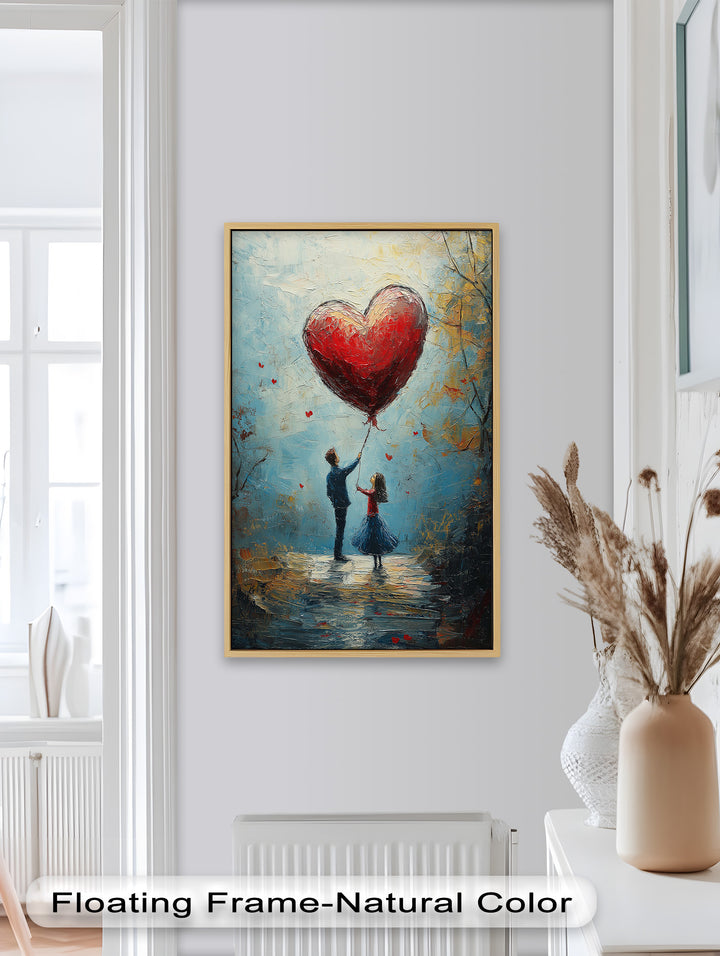 Romantic Red Heart Balloon Scene - Love Oil Painting