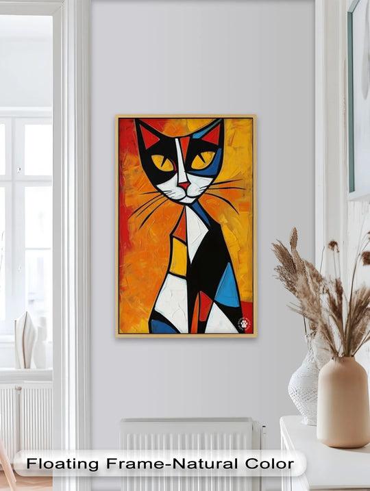Subtle light and shadow enhance this vibrant oil painting art piece, showcasing a geometric cat in bold colors with a Picasso-esque cubist style.
