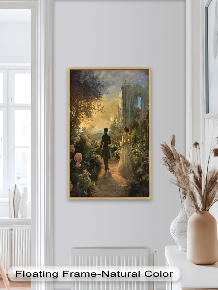 Victorian Lovers at Twilight – Romantic Garden Walk Oil Painting