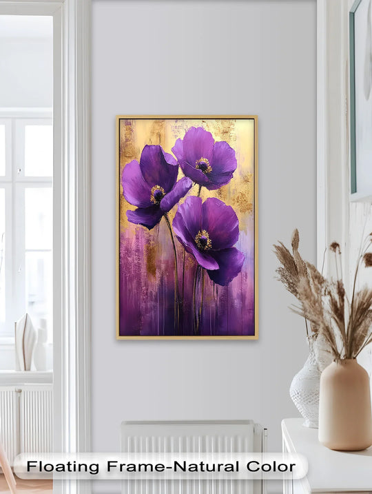 Framed by a natural-color edge, this oil painting home decor piece showcases purple Velvet Blossoms with gold accents, adding depth to this floral elegance painting.