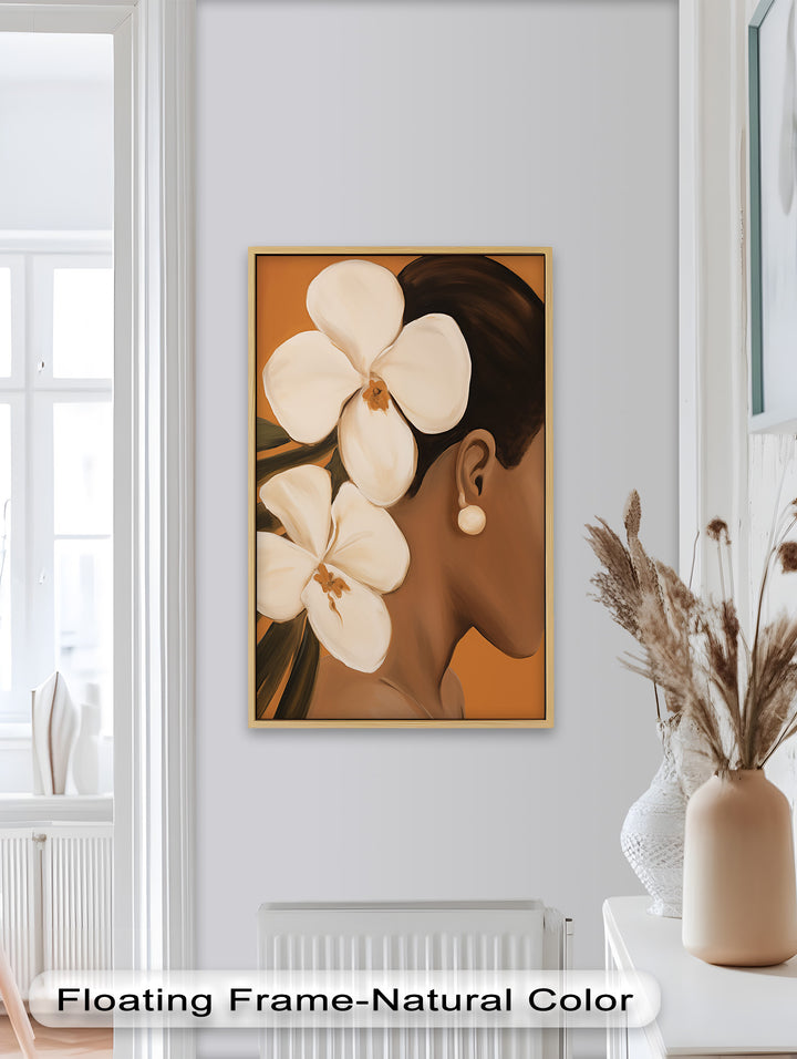 Afrikanische Frau mit Orchideen – Gerahmtes Ölgemälde