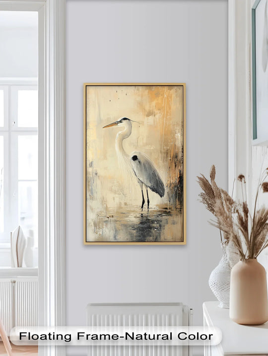 Rectangular golden stillness oil painting decoration features a heron in reflective water, composed of geometric blocks of neutral and golden tones.