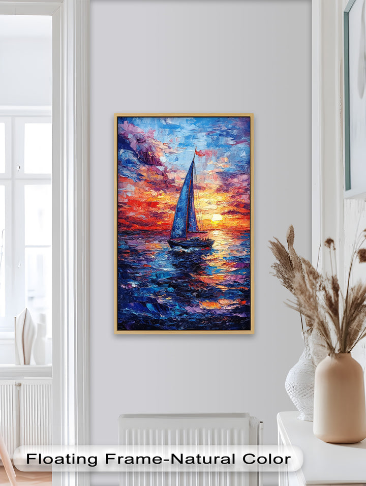 Crimson Horizon – Sunset Voyage Boat Oil Painting