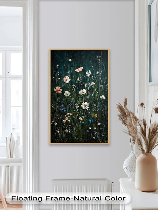 Subtle shift in hues defines the dreamy transition between the dark, grassy foreground and the blossoming wildflowers in this Hudson River-inspired oil painting art prints.