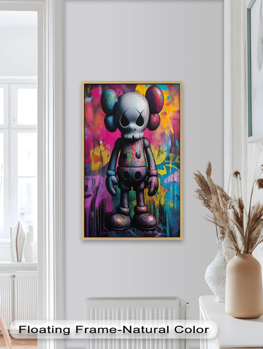 Natural wood finish frames the colorful Neon Skull Companion, a striking oil painting home decor with an abstract design that commands attention in any room.