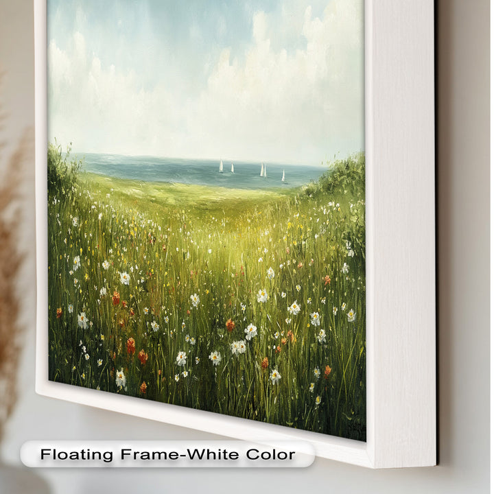 Wildflower Meadow Sea View Wall Art–Coastal Oil Painting