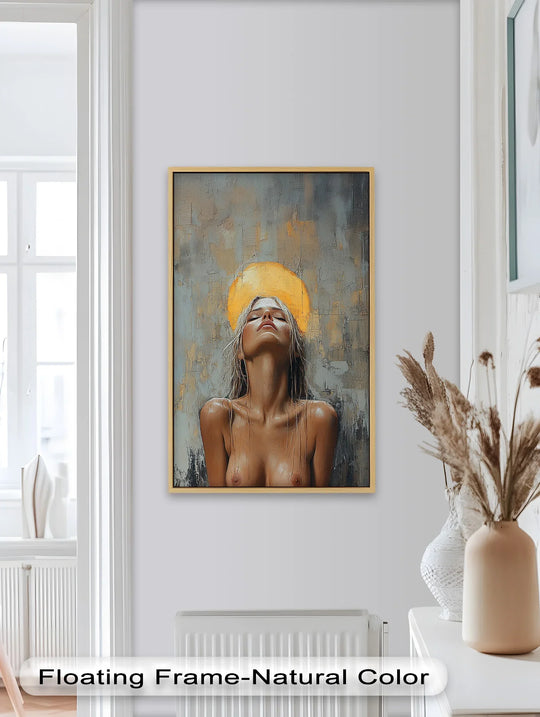 Visual rhythm is achieved in this portrait oil painting wall art through the textured brushstrokes and the dynamic contrast between the nude figure and halo.