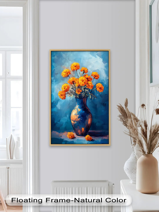 Layers of color in this oil painting decoration create depth, showcasing golden marigolds in a midnight blue vase, creating a vivid floral scene.