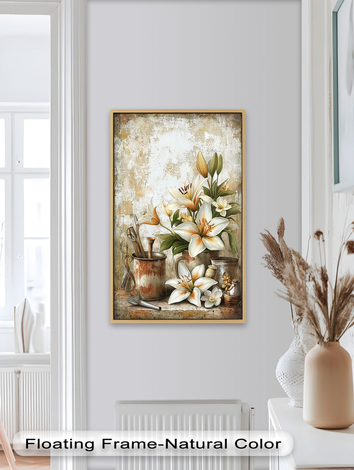 Vintage Keramik und weiße Lilie - Blumenölgemälde