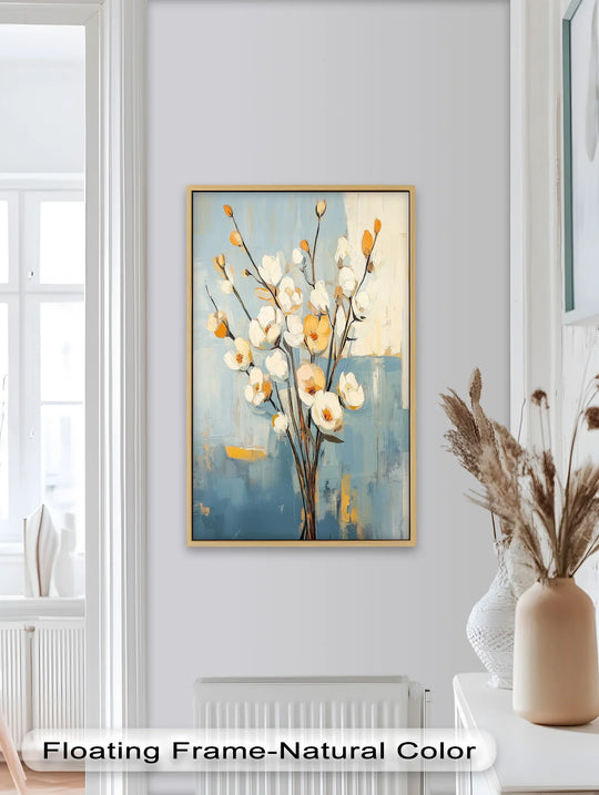 Showcasing the abstract quality, the golden magnolia oil painting artwork depicts white and amber blossoms in a free-flowing, expressive floral composition with dynamic brushstrokes.