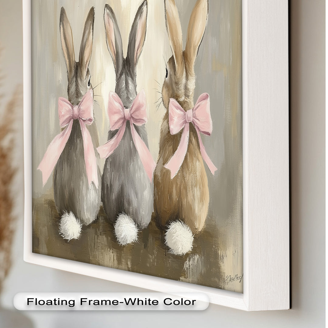 Trio of Bunnies with Pink Bows – Animal Oil Painting