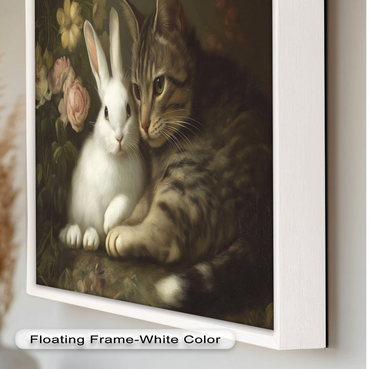Cat and Rabbit in Floral Harmony - Animal Oil Painting
