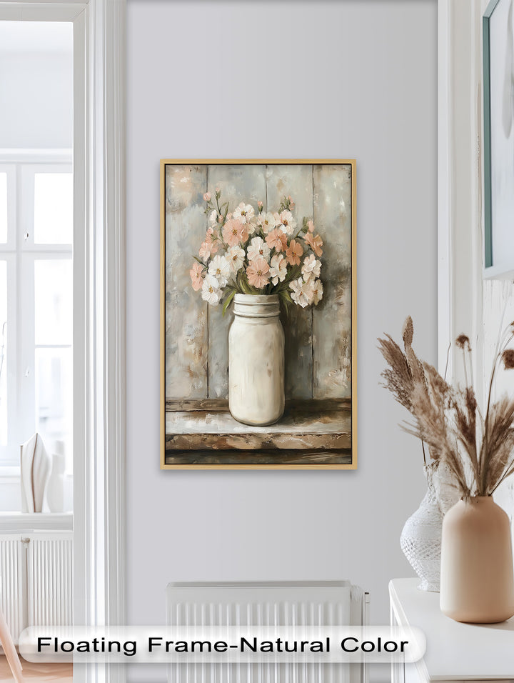Blush & Cream Blooms – Rustic Mason Jar Flower Oil Painting