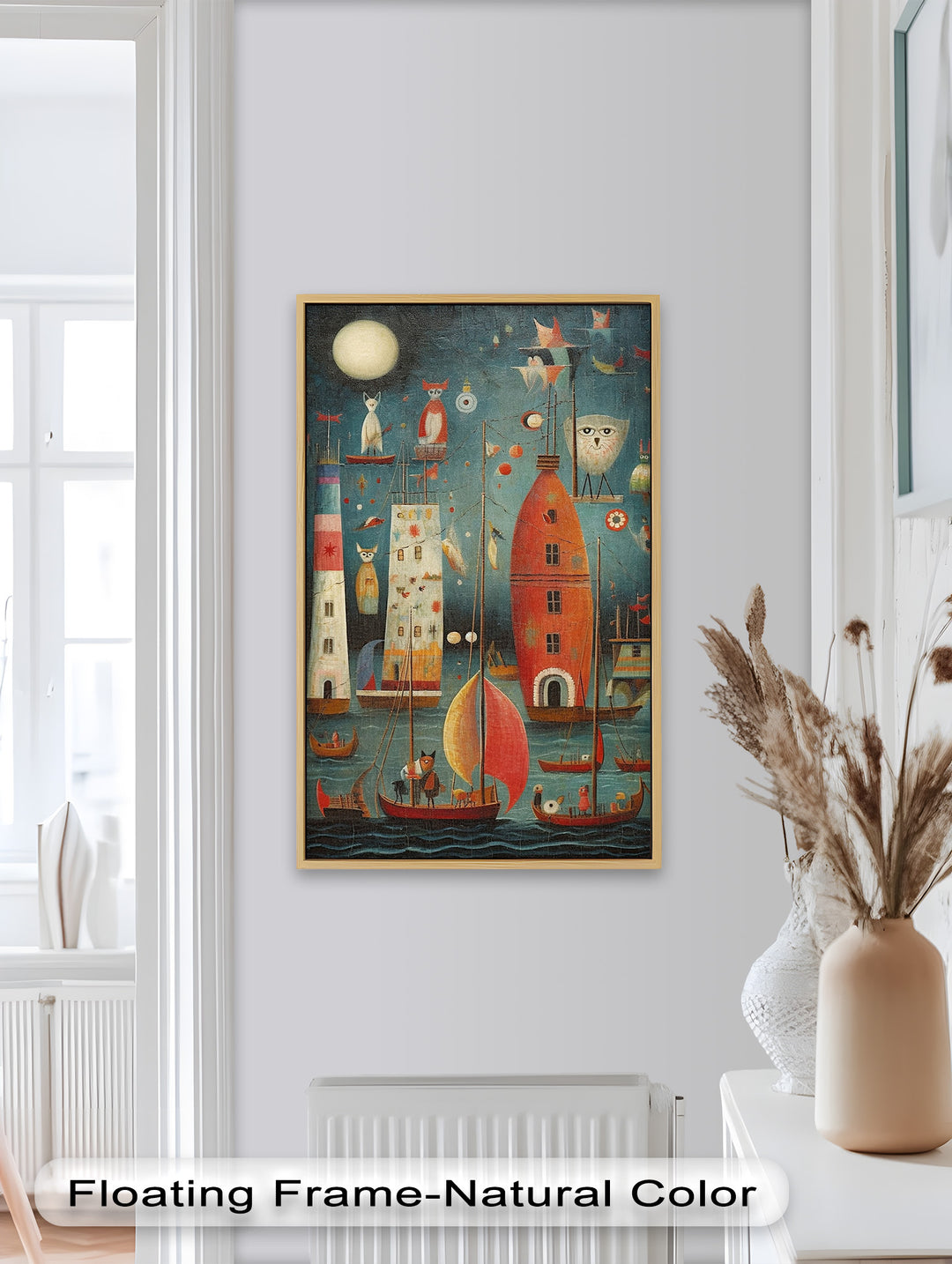 Moonlit Harbor Parade – Surreal Cat and Owl Fantasy Oil Painting