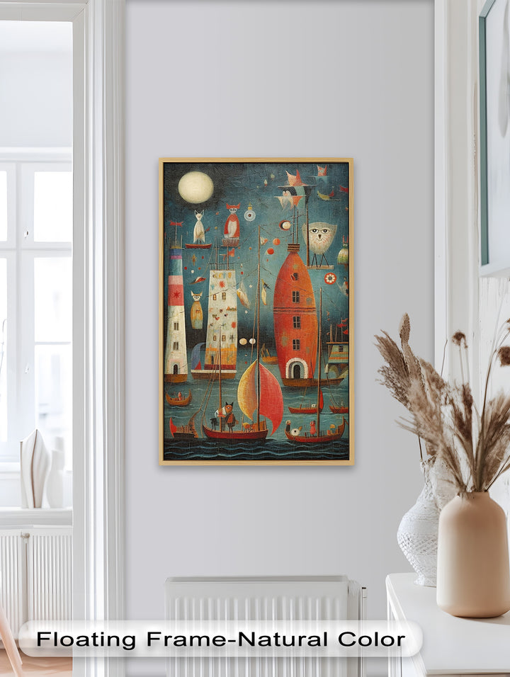 Moonlit Harbor Parade – Surreal Cat and Owl Fantasy Oil Painting