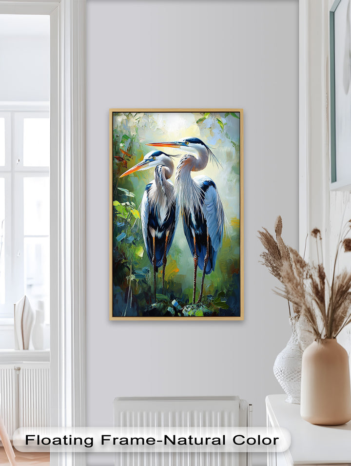 Pair of Herons in Forest Light – Animal Oil Painting