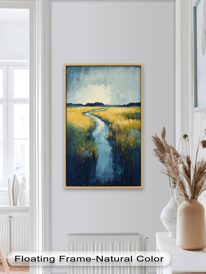 Golden Fields and Blue Stream – Contemporary Landscape Oil Painting