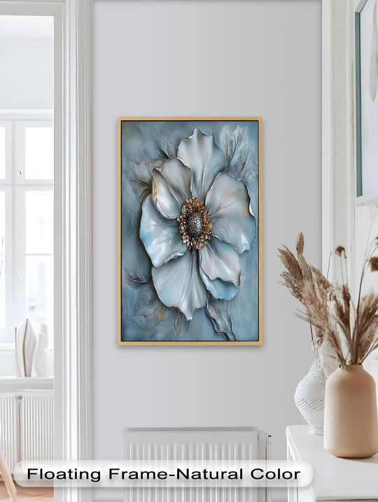 Textured petals steal the show in this sculptural flower oil painting, a captivating piece of modern oil painting art showcasing a serene blue mist bloom.