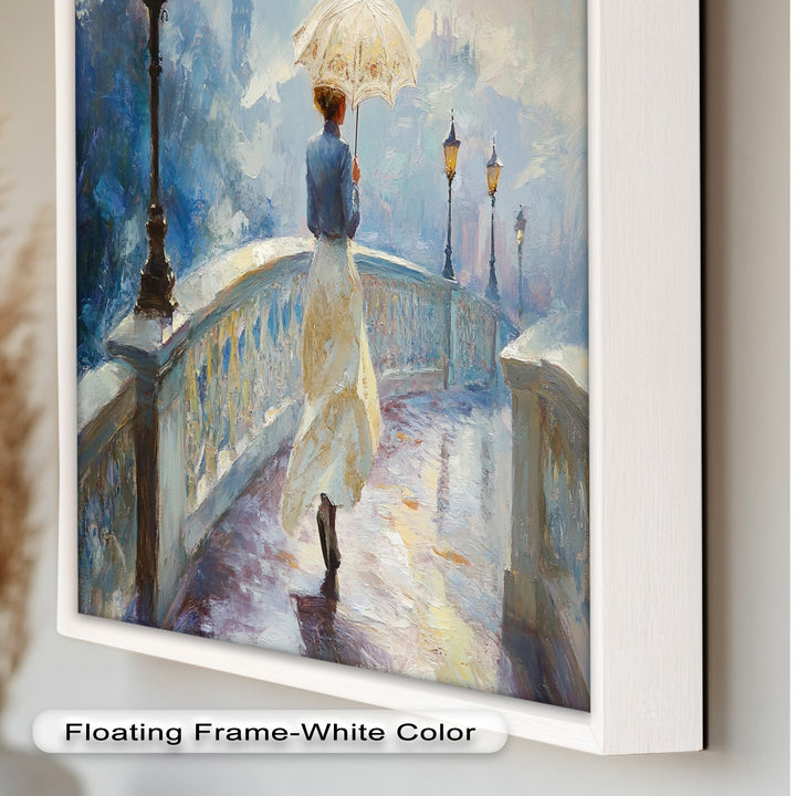 Woman with Umbrella on Cobblestone Bridge – Oil Painting