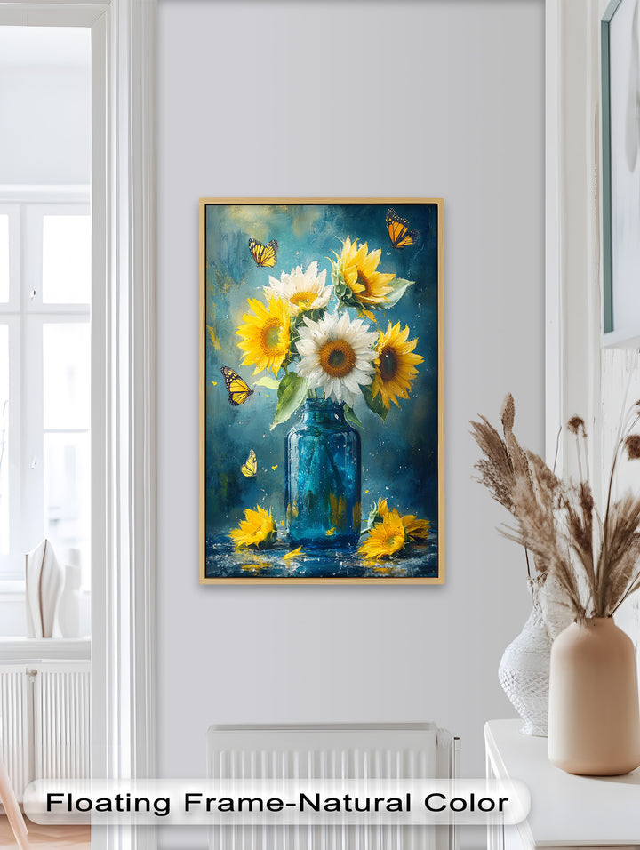 Sun-Kissed Radiance – Sunflowers in Blue Jar Flower Oil Painting