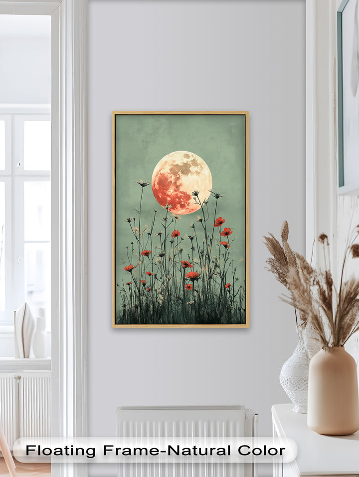 Celestial Wildflowers – Full Moon Over Red Meadow Blooms Oil Painting