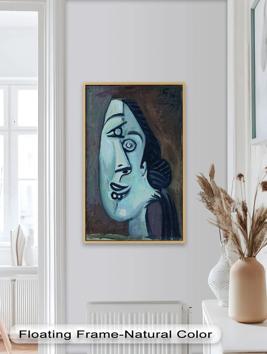 Showcasing the layering effect, this modern oil painting art presents a captivating Cubist woman in twilight blues, reflecting Picasso's unique abstract portrait style.
