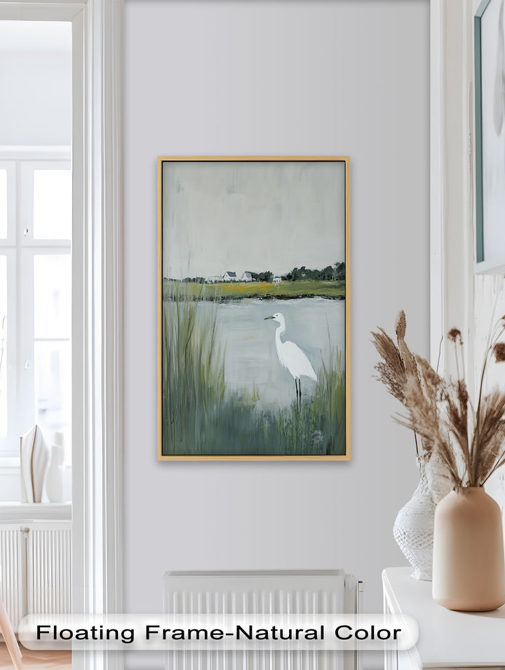 Egret by the Marsh – Minimalist Landscape Oil Painting