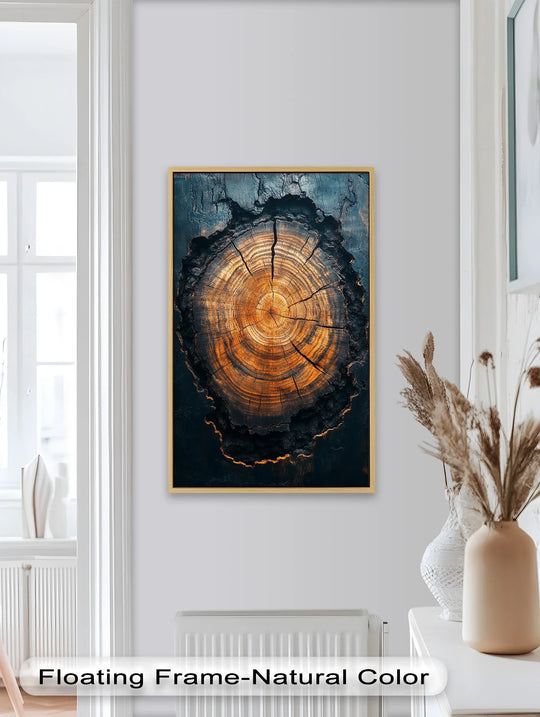 Dominated by contrasting dark blue and warm amber tones, this eternal growth burnt tree ring pattern oil painting features captivating colors ideal for unique oil painting art prints.