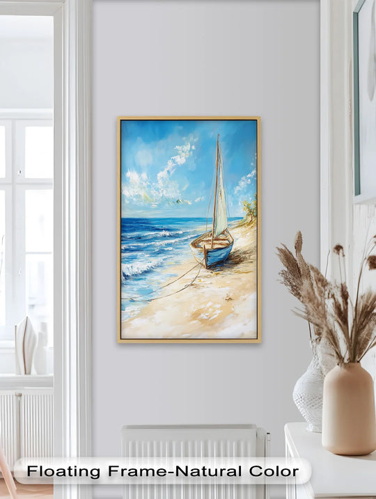 Canvas wall art showcasing layered waves reaching a sandy shore with a distant sailboat beneath a textured sky.