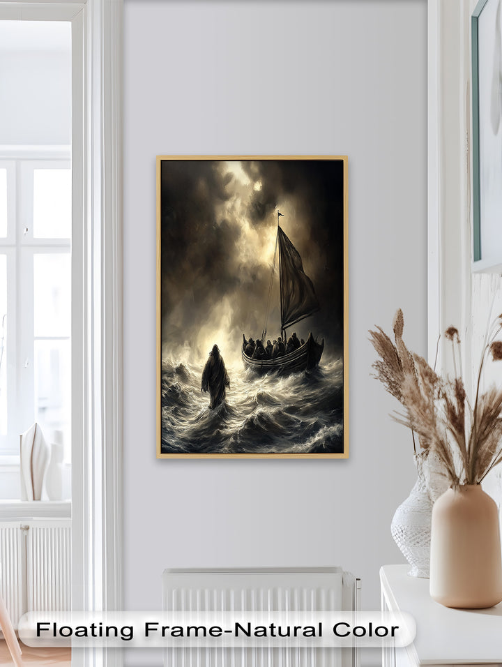 A dramatic rendering of Jesus walking on water, with a boat caught in the storm, as his disciples look on in astonishment.